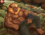  abs absurd_res anthro bandai_namco biceps bottomwear claws clothing digimon digimon_(species) felid fur hi_res joelbearb leomon lion male mammal muscular muscular_anthro muscular_male nipples pantherine pants pecs solo vein veiny_muscles 