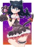  1girl absurdres animal_ears animal_hands ass bell black_hair blue_eyes blush breasts cat cat_ears cat_paws cat_tail gloves gridman_universe halloween halloween_costume highres jiangshi long_hair looking_at_viewer sho_(shoshos_8888) skirt solo ssss.gridman tail takarada_rikka thighs 