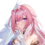  1girl bare_shoulders blush commentary_request elysia_(honkai_impact) gloves hair_ornament honkai_(series) honkai_impact_3rd keruitemonu long_hair looking_at_viewer multicolored_hair own_hands_together pink_hair purple_eyes simple_background smile solo steepled_fingers upper_body very_long_hair white_background white_gloves white_hair 