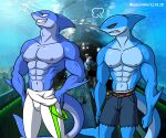  6:5 abs absurd_res alkan anthro big_pecs blue_body bottomwear clothed clothing duo fish hi_res kashiver male male/male marine multicolored_body muscular muscular_anthro muscular_male navel nipples pants pants_only pecs red_eyes rova(character) shark topless topless_anthro topless_male two_tone_body yellow_eyes 