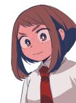  1girl blush boku_no_hero_academia brown_eyes brown_hair closed_mouth embarrassed full-face_blush highres necktie saburou_(326xxx1) simple_background solo uraraka_ochako white_background 