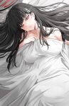  1girl absurdres black_hair blanket blue_archive blunt_bangs blush breasts hair_ornament hairclip halo highres holding holding_blanket large_breasts long_hair looking_at_viewer on_bed red_eyes rio_(blue_archive) smile solo under_covers very_long_hair yuki_(asayuki101) 
