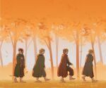 4boys absurdres autumn autumn_leaves barefoot bigolialragu blonde_hair brown_hair cape commentary english_commentary forest frodo_baggins hand_on_own_chest highres hobbit looking_ahead looking_back meriadoc_brandybuck multiple_boys nature outdoors peregrin_took samwise_gamgee short_hair smile the_lord_of_the_rings tolkien&#039;s_legendarium walking 