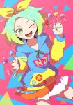  1girl ;d absurdres between_fingers blue_hoodie blush bow candy commentary_request cowboy_shot fang food green_eyes green_hair hair_bow hands_up highres holding holding_candy holding_food holding_lollipop hood hood_down hoodie idol_time_pripara lollipop long_sleeves looking_at_viewer multicolored_hair nijiiro_nino nojima_minami one_eye_closed open_mouth pretty_(series) pripara short_hair skirt smile solo sparkle teeth two-tone_hair upper_teeth_only yellow_bow 