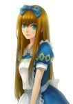  1girl alice_liddell_(heart_no_kuni_no_alice) apron blue_bow blue_dress bow brown_hair collared_dress dress green_eyes hair_between_eyes hair_bow heart_no_kuni_no_alice long_hair puffy_short_sleeves puffy_sleeves rclxx2003 short_sleeves simple_background smile solo very_long_hair white_apron white_background 