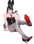  1girl absurdres alternate_costume animal_ears black_footwear black_hair black_leotard black_pantyhose detached_collar fake_animal_ears glasses green_eyes high_heels highleg highleg_leotard highres kantai_collection leotard long_hair looking_at_viewer ojipon ooyodo_(kancolle) pantyhose playboy_bunny playing_with_own_hair rabbit_ears simple_background sitting smile solo strapless strapless_leotard white_background wrist_cuffs 