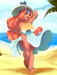  2023 alien anthro artist_name beach big_breasts blue_eyes blue_sky breast_squish breasts bulging_breasts cleavage cleavage_overflow clothed clothing curvaceous curvy_figure detailed_background digital_drawing_(artwork) digital_media_(artwork) dress eyelashes eyeliner eyeshadow feet female fingers flip_flops footwear fur hair hand_behind_head hat headgear headwear hi_res hourglass_figure lipstick long_hair looking_at_viewer makeup nirogan off_shoulder one_eye_closed ooo-belise-ooo open_mouth outside pink_body pink_fur pink_hair red_lipstick sandals sea seaside signature sky small_waist smile solo squish sun_hat sundress tan_body tan_fur tanya_(toughset) teeth thick_thighs toes tongue voluptuous water watermark wide_hips wink winking_at_viewer 