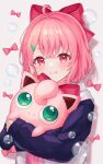  1girl ahoge blush bubble earrings fang hair_ribbon highres holding holding_pokemon hood hoodie jacket jewelry jigglypuff large_ribbon mole mole_under_eye multicolored_hair nijisanji pink_eyes pink_hair pink_shirt pokemon pokemon_(creature) ponigiri12 red_ribbon ribbon sasaki_saku sasaki_saku_(1st_costume) shadow shirt short_hair simple_background single_earring smile streaked_hair v-shaped_eyebrows white_background white_hair 