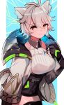  1girl absurdres animal_ears breasts cat_ears cat_girl chest_jewel clothing_cutout core_crystal_(xenoblade) crystal diamond_cutout fingerless_gloves gloves high-waist_shorts highres large_breasts looking_at_viewer messy_hair na&#039;el_(xenoblade) romper short_hair short_shorts shorts simple_background smile solo tarbo_(exxxpiation) thighhighs thighs xenoblade_chronicles_(series) xenoblade_chronicles_3 xenoblade_chronicles_3:_future_redeemed yellow_eyes 