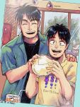  2boys 2others black_eyes black_hair black_shirt blue_shirt blush bread brothers closed_eyes commentary_request cup dated drinking_straw food hand_on_another&#039;s_shoulder highres ice ice_cube indoors joukyou_seikatsuroku_ichijou kaiji looking_at_viewer male_focus medium_bangs melon_bread multiple_boys multiple_others murakami_itsuki murakami_tamotsu open_clothes open_mouth open_shirt photo_(object) shirt short_hair siblings smile undershirt unknown03162 upper_body window yellow_shirt 