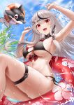  1girl absurdres armpits belt_collar bikini black_bikini black_collar black_hair blue_sky blush braid breasts cleavage collar day double_bikini fang grey_hair hair_between_eyes hair_ornament hairclip highres hololive inu_(sakamata_chloe) large_breasts long_hair looking_at_viewer multicolored_hair navel open_mouth outdoors red_bikini red_eyes roina_(effj7473) sakamata_chloe side-tie_bikini_bottom sideboob single_braid sitting sky smile solo streaked_hair swimsuit teeth thigh_strap thighs underboob upper_teeth_only virtual_youtuber water wet x_hair_ornament 