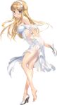  1girl bare_shoulders barefoot blonde_hair breasts cleavage collarbone double_bun dress fletcher_(kancolle) flower full_body hair_bun hair_ornament hairband holding kantai_collection large_breasts long_hair off_shoulder official_art purple_eyes single_barefoot solo star_(symbol) torn_clothes transparent_background white_dress zeco 