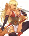  1girl absurdres bare_shoulders black_gloves black_thighhighs blonde_hair breasts cleavage commentary_request dual_wielding elbow_gloves fire_emblem fire_emblem:_the_binding_blade fire_emblem_heroes gloves hair_between_eyes highres holding holding_weapon igrene_(fire_emblem) japanese_clothes katana kimono kunai large_breasts long_hair looking_at_viewer mole mole_under_eye orange_scarf pelvic_curtain red_kimono reverse_grip scarf sleeveless sleeveless_kimono smile solo sword thighhighs thighs truejekart very_long_hair weapon white_background yellow_eyes 