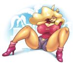  activision anthro bandicoot big_breasts big_butt blonde_hair bottomwear breasts butt cleavage clothed clothing crash_bandicoot_(series) ear_piercing female footwear hair high_heels long_hair mammal marsupial nipple_outline nipples piercing shorts solo spread_legs spreading tawna_bandicoot thick_thighs unstableunicorn 
