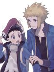  2boys black_hair black_shirt blonde_hair blue_eyes blue_jacket blush closed_mouth flying_sweatdrops hat highres jacket long_sleeves lucas_(pokemon) male_focus multiple_boys open_clothes open_jacket open_mouth oshi_taberu pokemon pokemon_(game) pokemon_dppt red_headwear scarf shirt simple_background sweat volkner_(pokemon) white_background white_scarf yaoi 