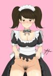  absurdres breasts brown_eyes brown_hair choker female_pubic_hair flashing frills highres kawakami_sadayo large_breasts maid maid_headdress neck_ribbon non-web_source persona persona_5 pink_background pubic_hair puffy_nipples pussy pussy_juice ribbon seductive_smile self-upload signature simple_background smile sweat turnip_toss twintails uncensored 