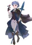  1girl absurdres alternate_costume ascot bird bird_on_hand black_cape black_footwear black_gloves black_shirt blue_hair boots braid brown_eyes cape commentary_request crown_braid fire_emblem fire_emblem:_three_houses full_body gloves highres leggings long_sleeves looking_at_viewer marianne_von_edmund mariirasuto7 pants polearm shirt short_hair simple_background smile solo spear standing weapon white_ascot white_background white_pants 