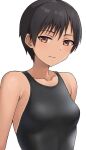  1girl black_hair breasts brown_eyes closed_mouth collarbone commentary_request competition_swimsuit hashi looking_at_viewer medium_breasts one-piece_swimsuit original short_hair simple_background smile solo swimsuit tan tanlines tomboy white_background 