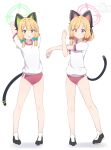 1boy 3girls animal_ear_headphones animal_ears arms_up bangs blue_archive buruma cat_ear_headphones cat_ears cat_tail collared_shirt commentary_request fake_animal_ears fake_tail full_body green_eyes gym_shirt gym_uniform hair_ribbon halo headphones highres hoshino_ouka long_hair long_sleeves looking_at_viewer midori_(blue_archive) momoi_(blue_archive) multiple_girls necktie official_alternate_costume open_mouth parted_bangs red_eyes ribbon school_uniform sensei_(blue_archive) shirt shoes short_hair short_sleeves siblings sidelocks simple_background standing stretching tail tress_ribbon twins two_side_up white_background yuuka_(blue_archive) 