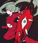  :3 aosoraa6 bright_pupils brown_background closed_mouth collared_shirt commentary_request e.g.o_(project_moon) employee_(lobotomy_corporation) flat_color gloves green_hair highres jacket lobotomy_corporation long_hair long_sleeves necktie pants pink_eyes ponytail project_moon red_gloves red_jacket red_necktie red_pants shirt simple_background sword weapon white_pupils white_shirt 