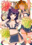  2girls absurdres animal_ears blurry blurry_background blush braid breasts cat_ears cat_tail cheerleader cleavage confetti crop_top double_bun extra_ears hair_bun highres holding holding_pom_poms idolmaster idolmaster_shiny_colors izumi_mei large_breasts looking_at_viewer mayuzumi_fuyuko miniskirt multiple_girls pom_pom_(cheerleading) skirt smile tail tanupon twin_braids twintails 