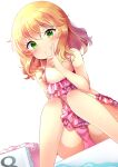  1girl aru_(arudes) bare_shoulders bikini blonde_hair blush closed_mouth collarbone dot_nose flat_chest floral_print frilled_bikini frills from_below green_eyes hand_up highres idolmaster idolmaster_cinderella_girls idolmaster_cinderella_girls_starlight_stage index_finger_raised looking_at_viewer pink_bikini pink_towel pool print_bikini sakurai_momoka short_hair simple_background sitting smile solo swimsuit water wet white_background 