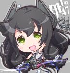  1girl black_hair blue_one-piece_swimsuit character_name chibi crop_top green_eyes grey_neckerchief hair_between_eyes hair_ribbon headgear highres i-47_(kancolle) kantai_collection kuroneko_(kuroneko_works) long_hair low-tied_long_hair neckerchief one-piece_swimsuit open_mouth ribbon rigging sailor_collar sailor_shirt school_swimsuit see-through see-through_skirt shirt sidelocks skirt sleeveless sleeveless_shirt solo swimsuit tress_ribbon white_sailor_collar 