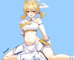  1girl ahoge aona_(anagasaki) bare_shoulders blonde_hair blue_archive blush braid breasts checkered_clothes cheerleader gloves halo kotori_(blue_archive) kotori_(cheer_squad)_(blue_archive) large_breasts loose_socks low_twintails midriff millennium_cheerleader_outfit_(blue_archive) navel open_mouth pleated_skirt red_eyes shoes short_hair single_braid skirt smile sneakers socks solo triangle_print twintails white_gloves white_skirt yellow_halo 