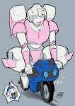  2023 arcee blue_eyes cybertronian duo female grey_background hasbro hi_res humanoid humor living_machine machine motorcycle not_furry pink_body riding_motorcycle robot robot_humanoid simple_background square_crossover takara_tomy transformers transformers:_prime transformers_aligned_continuity vehicle zandercom 