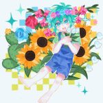  1boy barefoot basil_(omori) blue_overalls blush cactus flower green_eyes green_hair green_shirt head_wreath holding holding_flower looking_at_viewer omori open_mouth overall_shorts overalls rose shirt short_hair short_sleeves smile solo sunflower teeth tulip upper_teeth_only yuuchi_7 