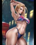  1girl ahoge arms_up artist_name bikini blonde_hair blue_eyes blurry blurry_background breasts cammy_stretch_(meme) cammy_white cowboy_shot dandon_fuga halterneck highres huge_ahoge large_breasts meme midriff multicolored_bikini multicolored_clothes navel navel_piercing piercing short_hair solo street_fighter street_fighter_6 swimsuit union_jack_bikini 