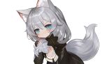  1girl animal_ear_fluff animal_ears black_dress blue_eyes blush_stickers closed_mouth commentary_request dokomon dress grey_hair hair_between_eyes hair_over_shoulder highres honkai_(series) honkai_impact_3rd juliet_sleeves korean_commentary long_hair long_sleeves looking_at_viewer puffy_sleeves simple_background solo tail theresa_apocalypse v-shaped_eyebrows white_background 