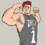  1boy absurdres armpit_hair armpits bara bare_arms beard beard_stubble biceps boku_no_hero_academia chest_hair chest_hair_peek clothes_writing dad_shirt double_biceps_pose endeavor_(boku_no_hero_academia) facial_hair flat_color flexing frown ginger_(hoybara) hairy highres large_pectorals looking_at_viewer looking_to_the_side male_focus mature_male muscular muscular_male pectorals scar scar_across_eye shirt short_hair sideburns sidepec sleeveless sleeveless_shirt solo spiked_hair stubble thick_eyebrows upper_body veins veiny_arms 