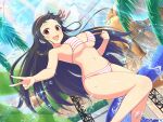  1girl armpits ayame_(senran_kagura) bikini black_hair blush breasts bush cleavage clenched_hand cliff day elephant_statue groin hair_ribbon highres large_breasts lens_flare light_particles linea_alba long_hair looking_at_viewer midair navel official_art open_mouth palm_leaf pink_bikini pink_ribbon pink_stripes plant red_eyes ribbon senran_kagura senran_kagura_new_link senran_kagura_new_wave shiny_skin sideboob sidelocks skylight smile solo sparkle splashing statue steel_beam stomach striped striped_bikini sunlight swimsuit tongue underboob v very_long_hair water water_drop water_slide waterpark yaegashi_nan 