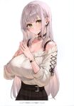  1girl absurdres bare_shoulders belt blush breasts choker cleavage collarbone green_eyes grey_hair hands_up head_tilt highres hololive large_breasts long_hair looking_at_viewer own_hands_together ribbed_sweater scan shirogane_noel simple_background sweater upper_body virtual_youtuber watao watch wristwatch 