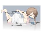  1girl asymmetrical_hair bare_legs brown_eyes brown_hair camisole gag hair_ornament hairclip improvised_gag iwakura_lain looking_at_viewer on_floor restrained serial_experiments_lain short_hair single_sidelock solo tape tape_gag trashman333 white_camisole 