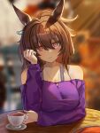  1girl absurdres agnes_tachyon_(umamusume) ahoge animal_ears arm_rest bare_shoulders birdbaby blurry blurry_background blush breasts brown_hair closed_mouth coffee coffee_cup commentary_request cup disposable_cup earrings hair_between_eyes highres horse_ears horse_girl jewelry looking_at_viewer medium_breasts necklace official_alternate_costume purple_sweater red_eyes short_hair single_earring smile solo sweater table umamusume upper_body 