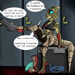  2023 armor blue_sclera blush blush_lines bodily_fluids bra clothing digital_media_(artwork) evamal_(soulwing98) facial_scar female green_body green_scales hi_res kobold locker_room machine pawpads power_armor prosthetic prosthetic_arm prosthetic_limb red_eyes red_pawpads removed_clothing scales scar snout snout_scar soulwing98 speech_bubble sports_bra strip_game sweat sweatdrop underwear 