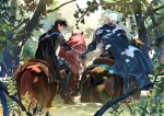  2boys armor atie1225 black_hair cape fantasy from_behind hand_grab highres horse horseback_riding keith_(voltron) male_focus multiple_boys partially_submerged riding saddle scar scar_on_face takashi_shirogane tree voltron:_legendary_defender voltron_(series) white_hair 