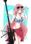  1girl anti-materiel_rifle arm_up bikini blue_background breasts character_name cleavage closed_mouth commentary_request eyewear_on_head front-tie_bikini_top front-tie_top girls&#039;_frontline gun hand_up holding holding_gun holding_weapon kzr_26 long_hair medium_breasts nail_polish name_connection navel ntw-20 ntw-20_(girls&#039;_frontline) object_namesake pink_hair red_eyes red_nails rifle sarong scope smile sniper_rifle solo striped striped_bikini sunglasses swimsuit two-tone_background very_long_hair weapon white_background 