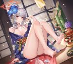  1girl arm_support ass bamboo bare_legs bare_shoulders barefoot blue_archive blush bottle braided_sidelock breasts collarbone commentary dutch_angle feet floral_print flower hair_flower hair_ornament hand_up haruna_(blue_archive) haruna_(new_year)_(blue_archive) head_tilt highres iino_(isnyong) indoors japanese_clothes kimono knees_together_feet_apart knees_up lantern large_breasts legs long_legs looking_at_viewer medium_hair obi obijime off_shoulder official_alternate_costume panties paper_lantern parted_lips pink_eyes print_kimono purple_kimono sake_bottle sandals sandals_removed sash sidelocks sitting soles solo spread_toes swept_bangs thighs toenails toes underwear white_panties wide_sleeves 