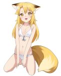  1girl animal_ear_fluff animal_ears ariyoshi_gen bangs bare_arms bare_legs bare_shoulders barefoot bikini blonde_hair breasts cleavage collarbone flat_chest fox_ears fox_girl fox_tail full_body halterneck highres kneeling long_hair looking_at_viewer navel open_mouth original parted_bangs smile solo swimsuit tail v_arms white_bikini yellow_eyes yue-chan 