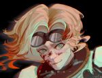  1girl animification apex_legends artist_name black_background blood blood_on_face brown_hair floating_hair goggles goggles_on_head green_eyes highres horizon_(apex_legends) looking_at_viewer mizuno.nf portrait short_hair simple_background smile solo spacesuit 