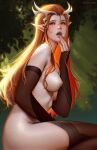  1girl black_gloves black_thighhighs breasts critical_role dungeons_and_dragons elbow_gloves elf finger_to_mouth freckles from_side gloves green_eyes highres horns hotaru_sen keyleth_(critical_role) long_hair medium_breasts nipples nude open_mouth orange_hair pointy_ears red_hair sitting solo the_legend_of_vox_machina thighhighs 