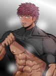  1boy abs bara bare_pectorals blush clothes_lift dark-skinned_male dark_skin highres karf large_pectorals lifted_by_self looking_at_viewer male_focus muscular muscular_male navel nipples original pectorals purple_hair sanpaku shirt_lift short_hair solo steaming_body stomach sweat thick_eyebrows undressing very_sweaty 