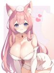  1girl :3 all_fours animal_ear_fluff animal_ears bare_shoulders blue_eyes blush breasts choker cleavage closed_mouth collarbone detached_sleeves dress food fox_ears fox_tail heart highres huge_breasts indie_virtual_youtuber long_hair long_sleeves looking_at_viewer mis705313 mochi mochiimochii_(vtuber) pink_hair solo strapless strapless_dress tail virtual_youtuber white_choker 