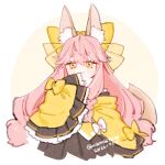  1girl animal_ear_fluff animal_ears blush_stickers bow fate/samurai_remnant fate_(series) fox_ears fox_tail hair_bow japanese_clothes kimono long_hair looking_at_viewer nibinibi1030 pink_hair short_eyebrows sketch sleeves_past_fingers sleeves_past_wrists smile solo tail tamamo_(fate) tamamo_aria wide_sleeves yellow_eyes yellow_kimono 