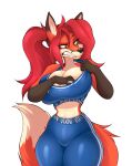  aeril_(helios) anthro big_breasts bottomwear bra breasts canid canine cleavage clothed clothing dipstick_tail female fluffy fluffy_tail fox fur hair hi_res huge_breasts long_hair mammal markings orange_body orange_fur pants ponytail red_hair solo spongebandimark sports_bra tail tail_markings teeth tight_clothing topwear underwear yoga_pants 