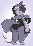  2019 anthro big_breasts big_butt black_body black_clothing black_hair bottomwear breasts butt canid canine canis clothing dogfluid female freckles fur fur_markings gloves_(marking) grey_body grey_fur grey_tail hair hi_res huge_hips huge_thighs mammal markings multicolored_body multicolored_clothing multicolored_fur smile solo tail tail_markings thick_thighs tight_clothing topwear two_tone_body two_tone_clothing two_tone_fur two_tone_tail white_body white_clothing white_fur white_tail wolf 