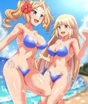  2girls absurdres alternate_color beach bikini blonde_hair blue_bikini blue_eyes blue_sky blurry blurry_background breasts brooklyn_(kancolle) brown_eyes cloud commentary_request commission cosplay day drill_hair flower hair_flower hair_ornament highres honolulu_(kancolle) horizon kantai_collection large_breasts long_hair matching_outfits multiple_girls ocean outdoors pixiv_commission side-tie_bikini_bottom sky smile swimsuit twin_drills twintails zanntetu 